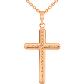 14k Rose Gold Textured Religious Classic Cross Pendant Necklace with Rolo Cable Chain