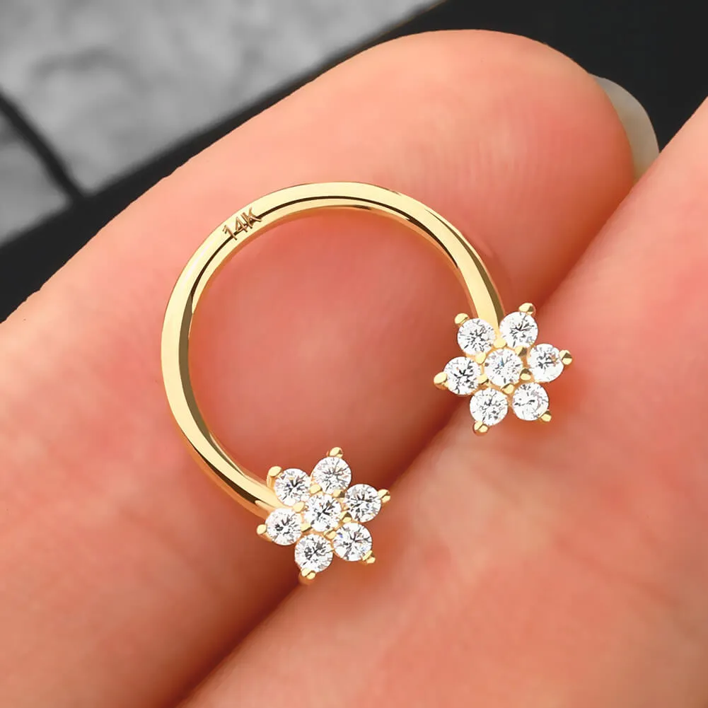 14K Solid Gold 16G Double Flower Horseshoe Septum Ring