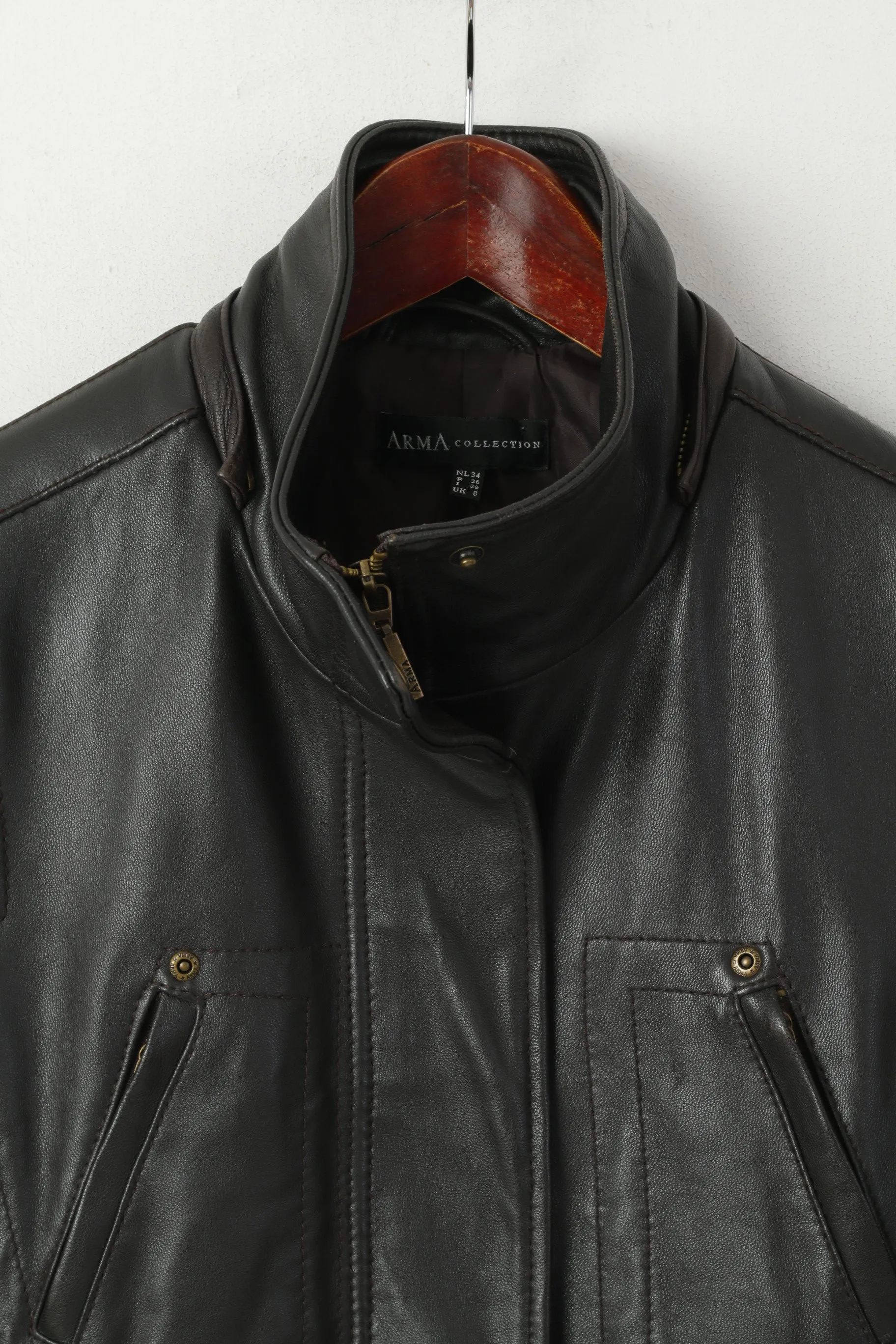 Arma Women 36 8 S Jacket Brown Soft Leather Full Zip Retro Belted Biker Coat