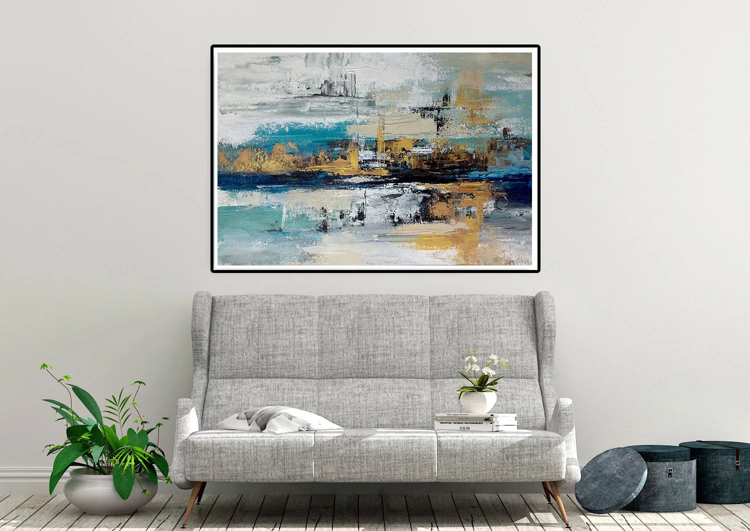 Blue White Gold Abstract Painting Modern Office Art DP024
