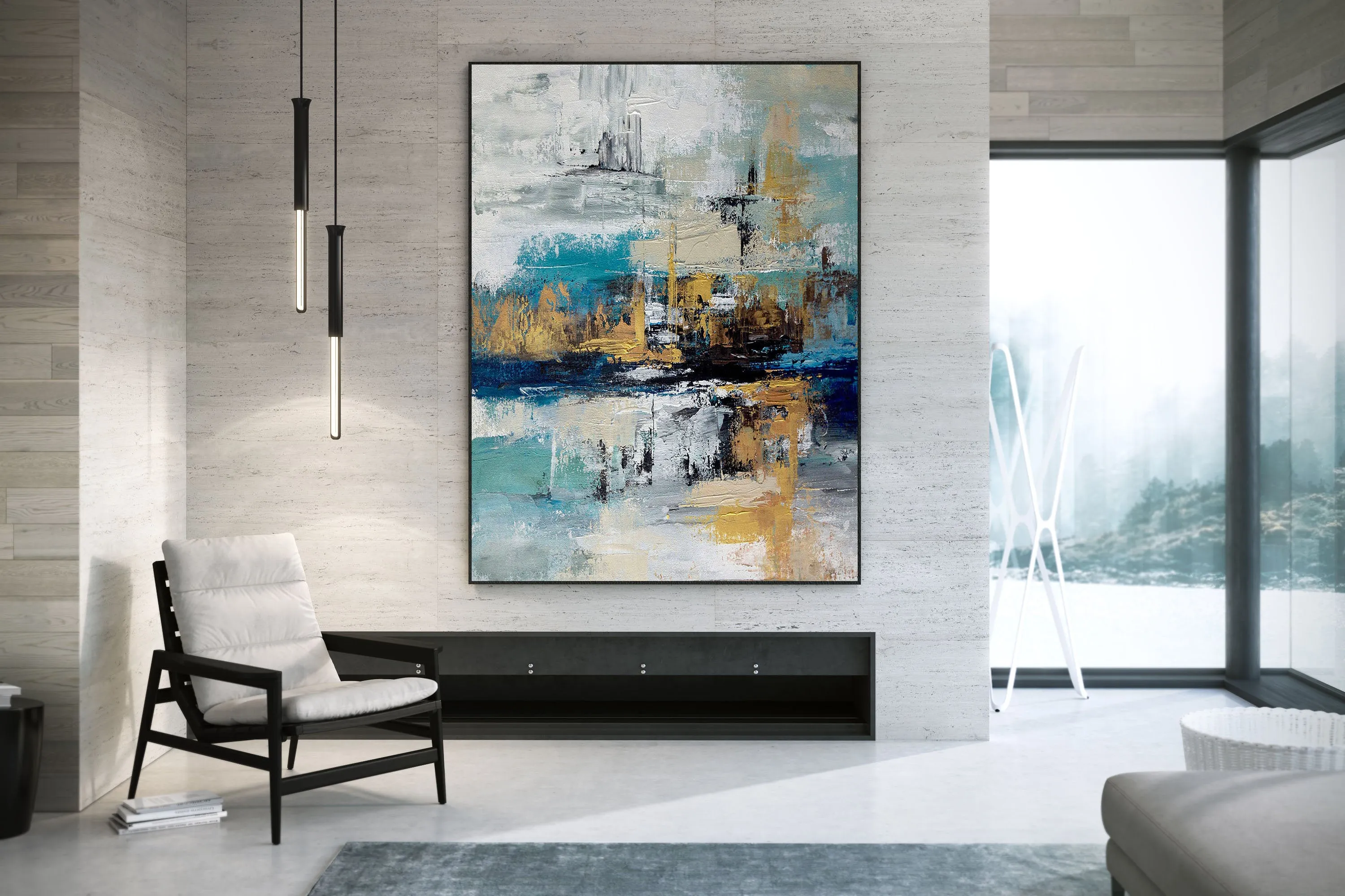 Blue White Gold Abstract Painting Modern Office Art DP024