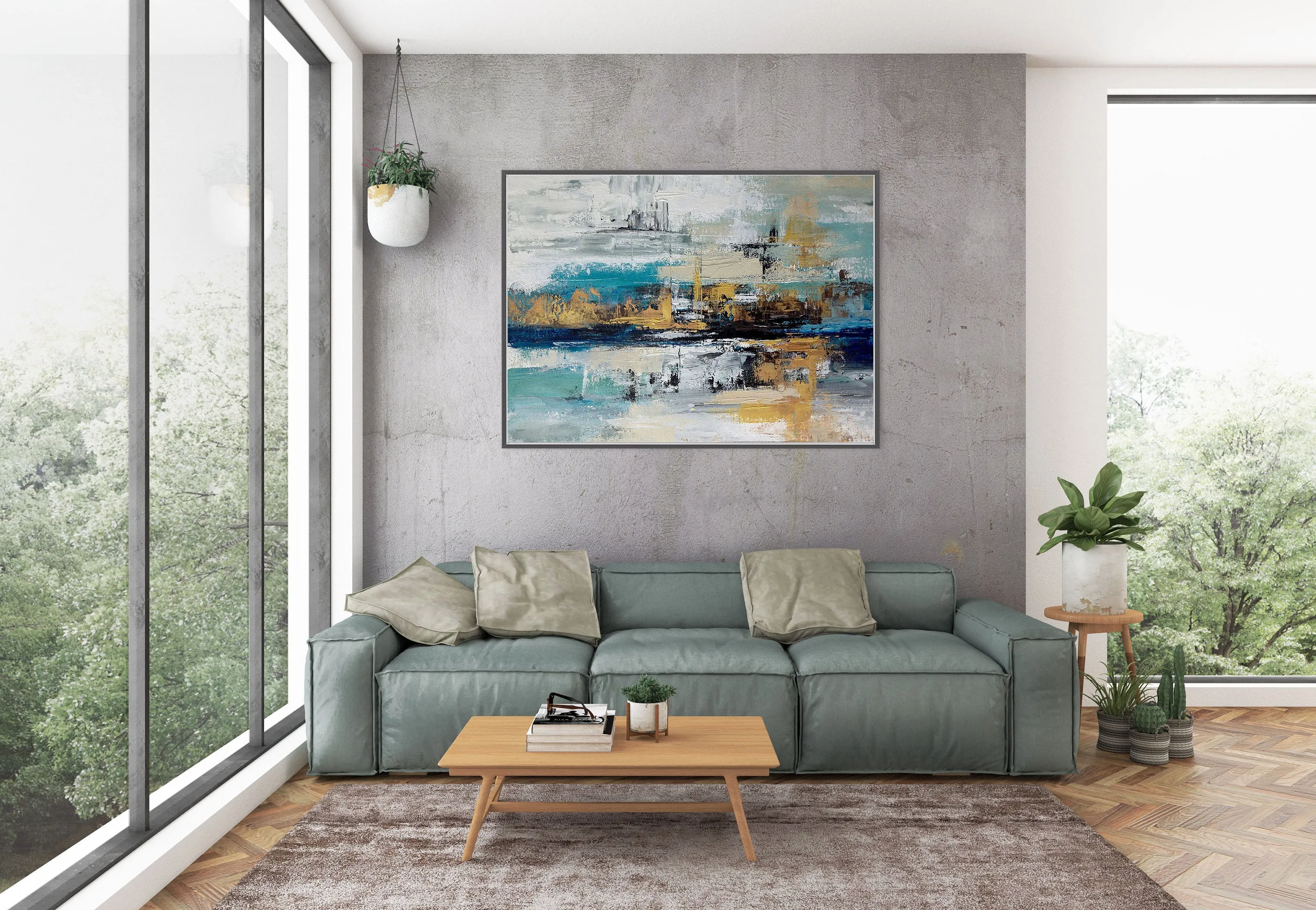 Blue White Gold Abstract Painting Modern Office Art DP024