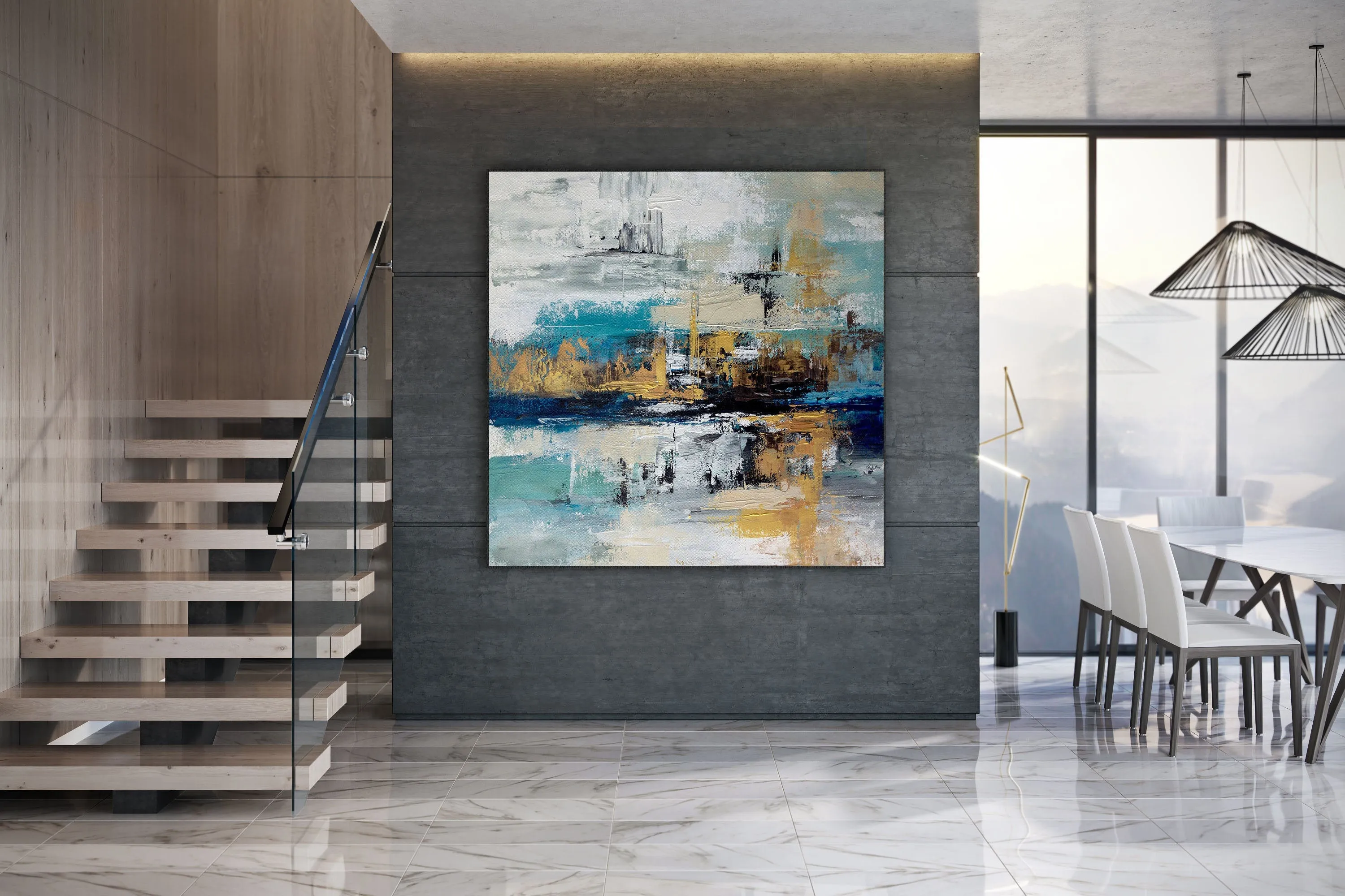 Blue White Gold Abstract Painting Modern Office Art DP024