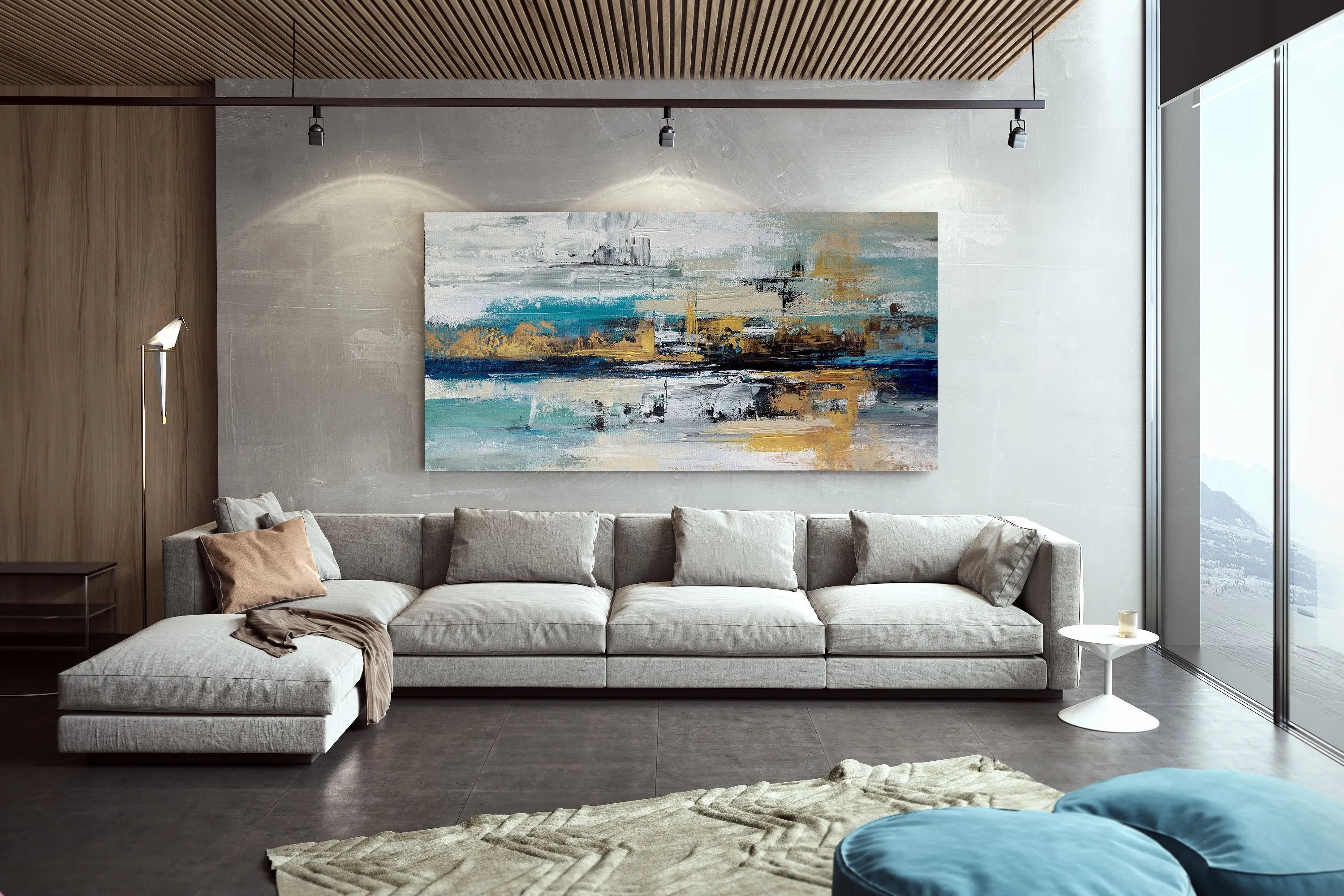 Blue White Gold Abstract Painting Modern Office Art DP024