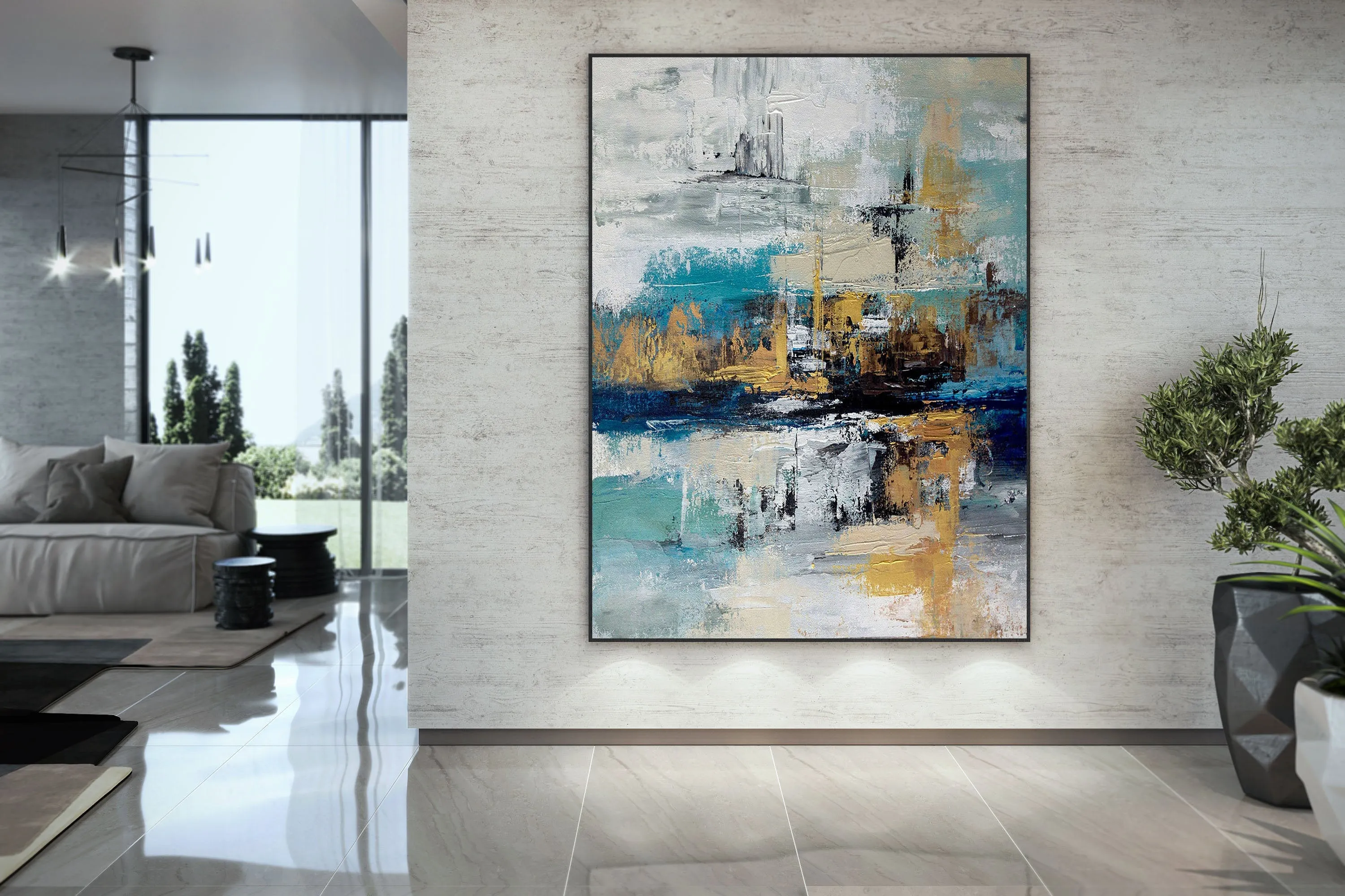 Blue White Gold Abstract Painting Modern Office Art DP024
