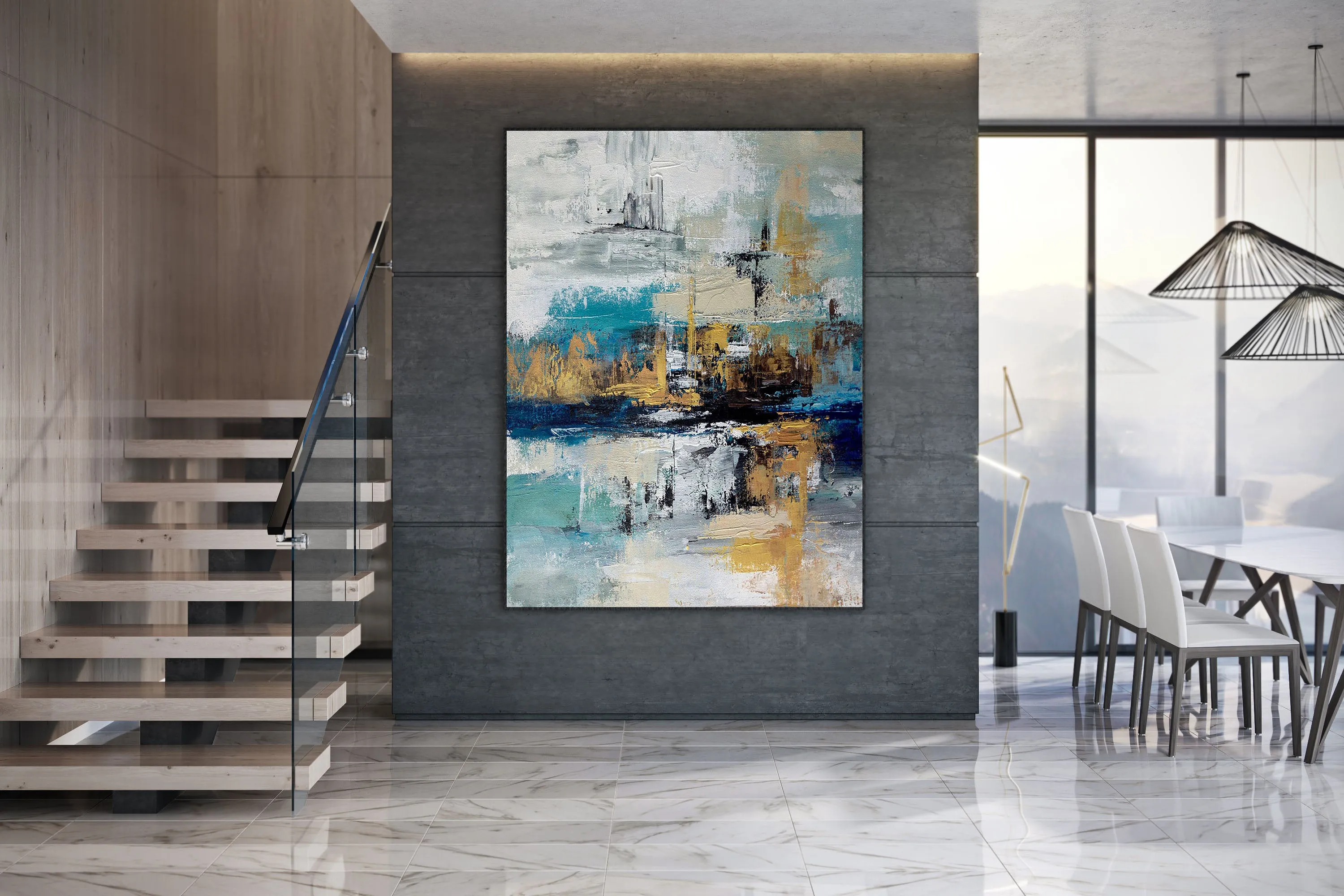 Blue White Gold Abstract Painting Modern Office Art DP024