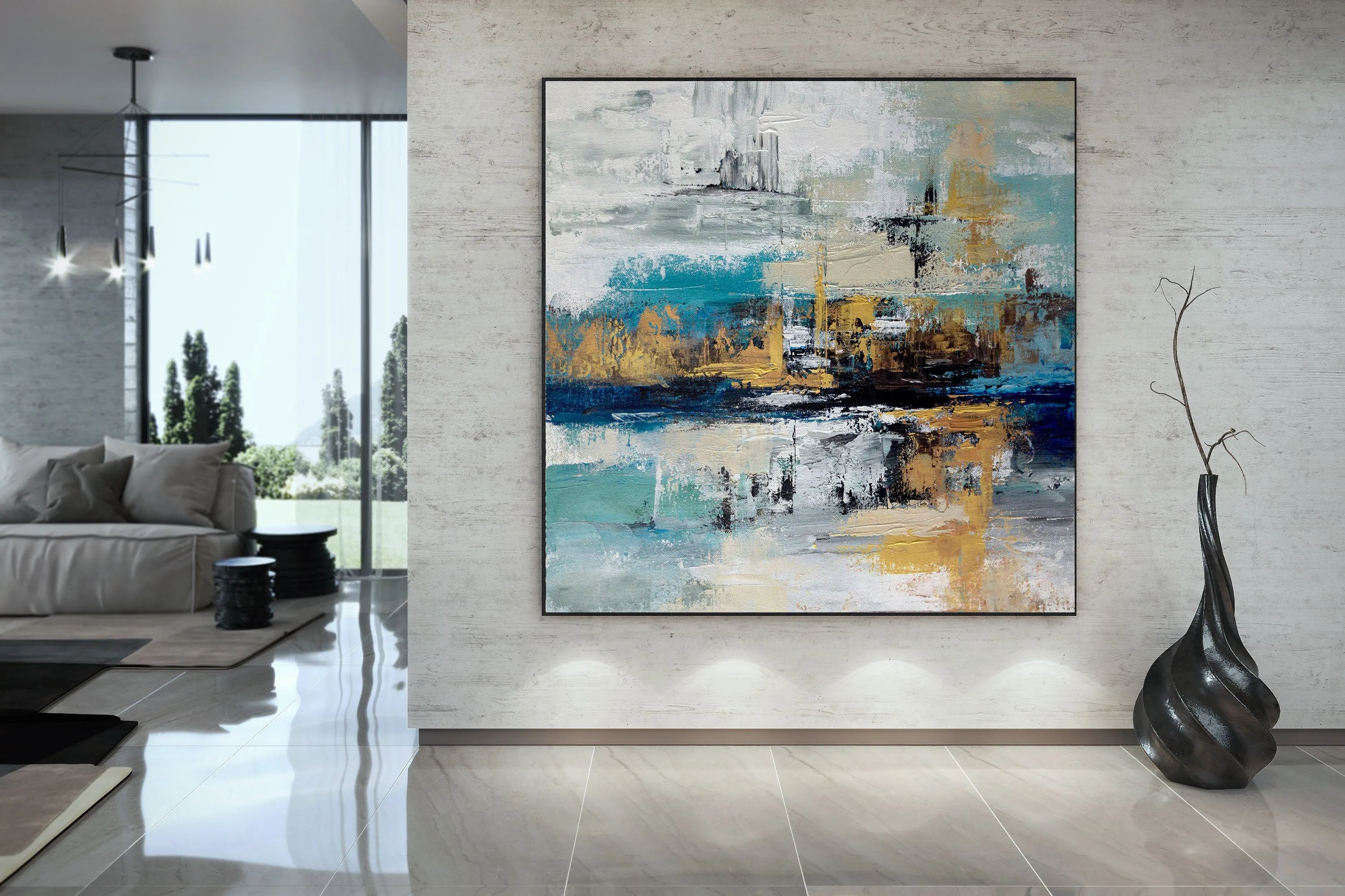 Blue White Gold Abstract Painting Modern Office Art DP024