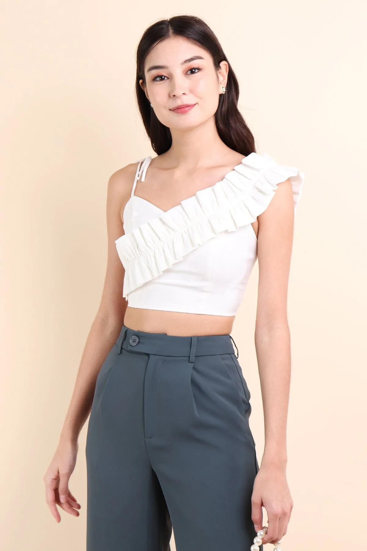 ELIANA RUFFLES SHOULDER TIE TOP IN WHITE