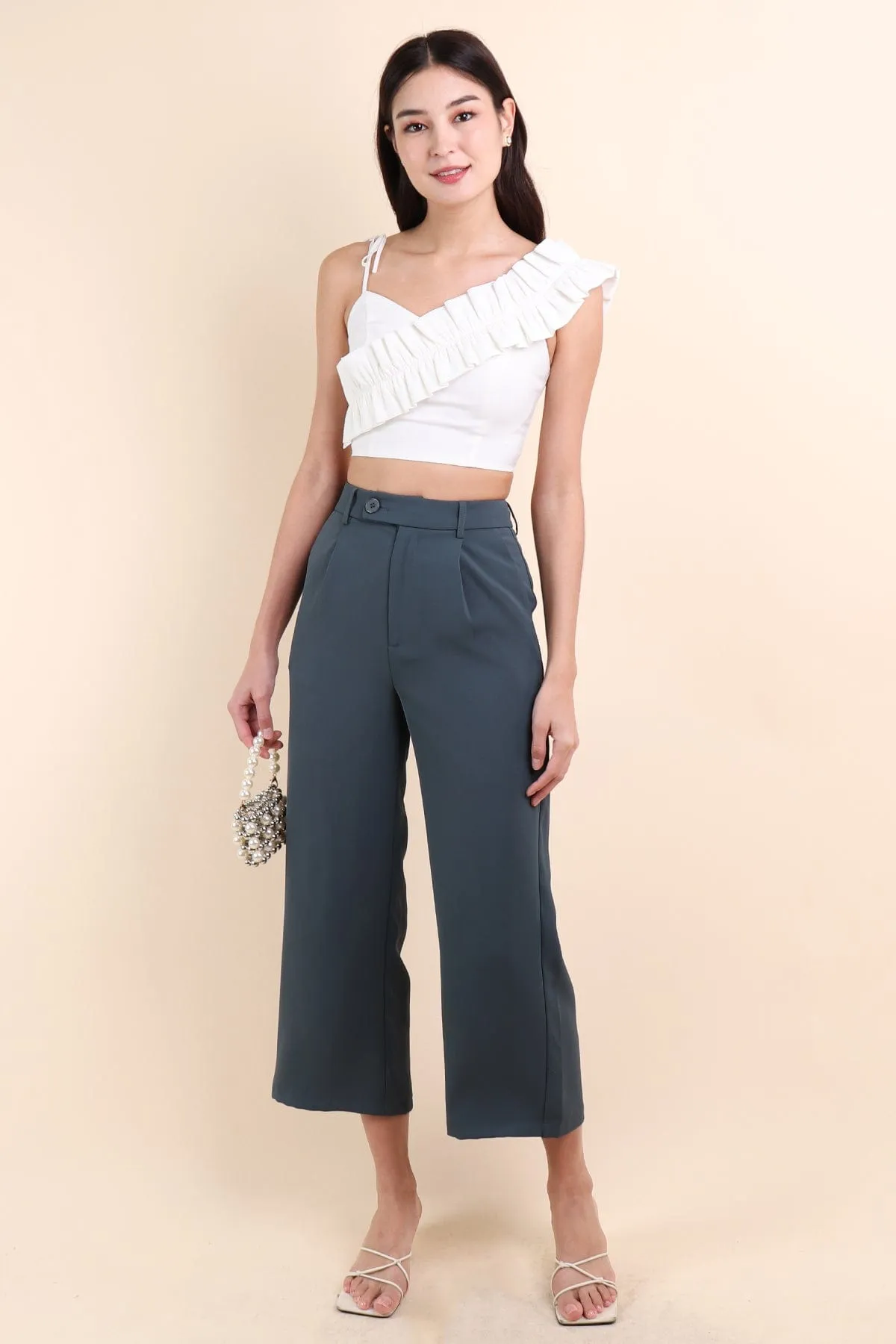 ELIANA RUFFLES SHOULDER TIE TOP IN WHITE