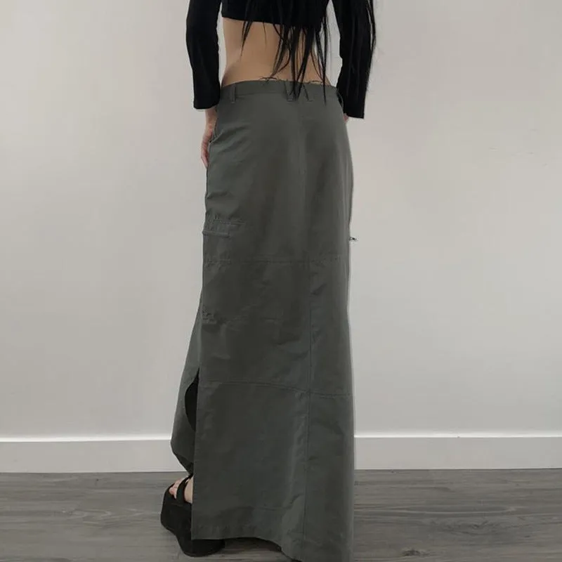 long retro slit skirt - women's A-line gray skirt
