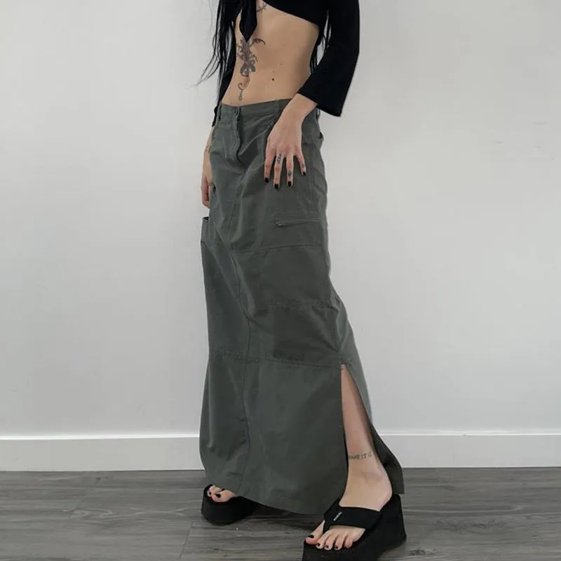 long retro slit skirt - women's A-line gray skirt