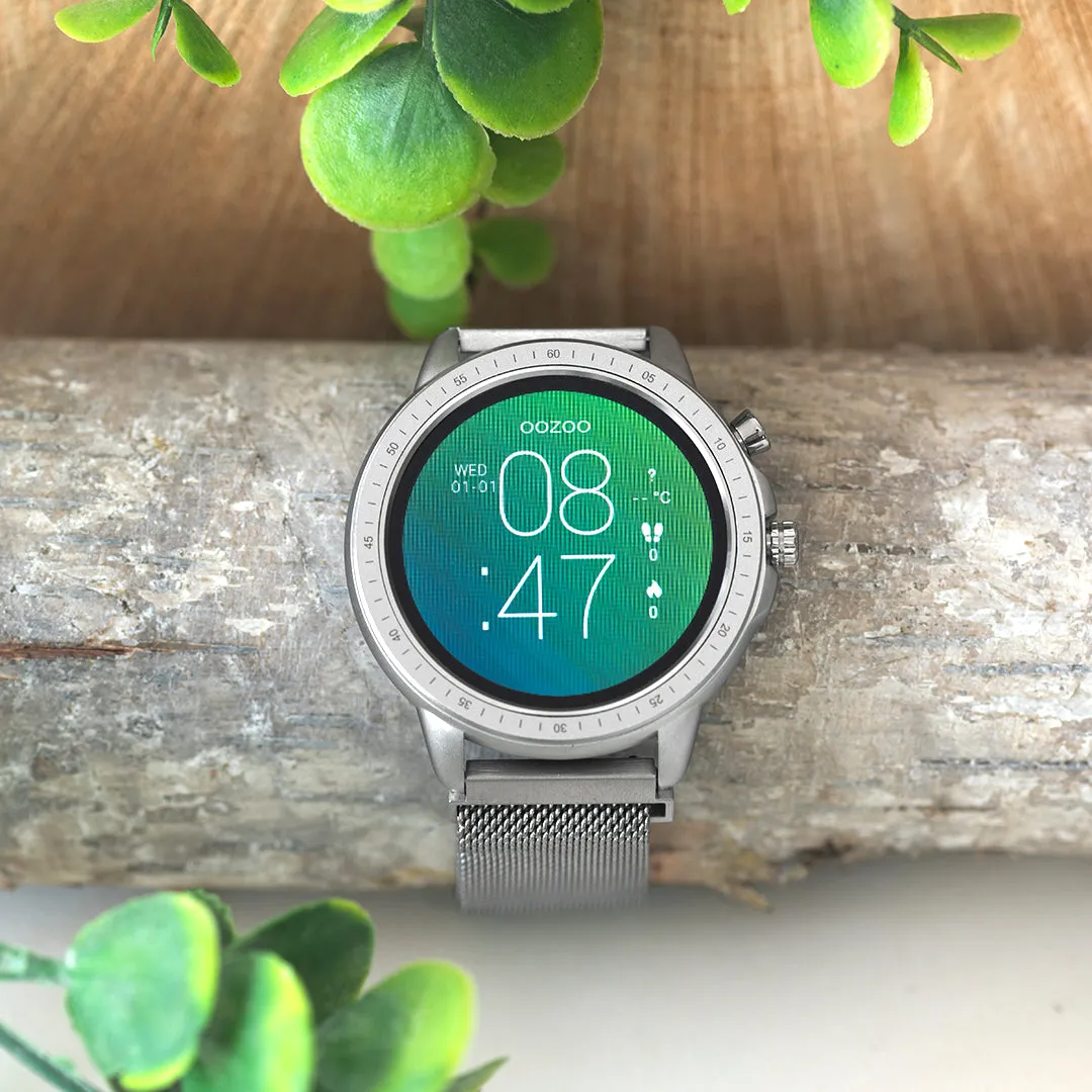 Silver coloured OOZOO smartwatch with silver coloured metal mesh bracelet - Q00305