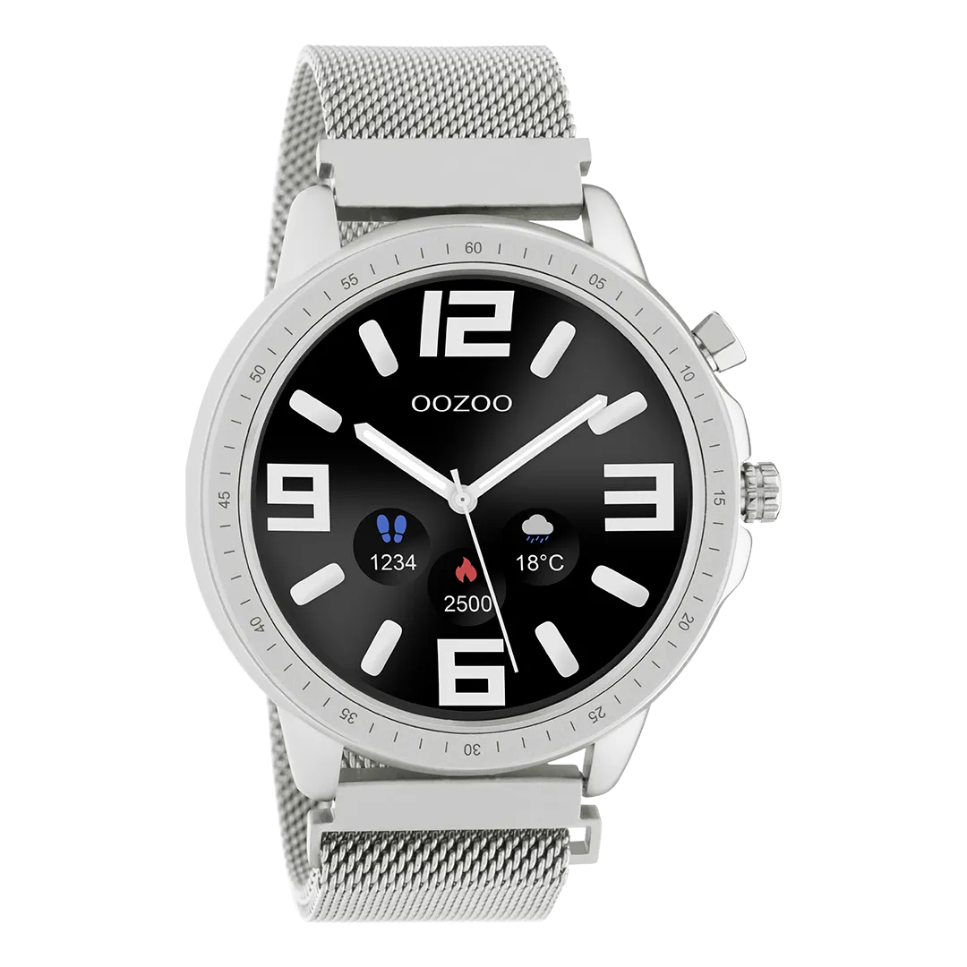 Silver coloured OOZOO smartwatch with silver coloured metal mesh bracelet - Q00305