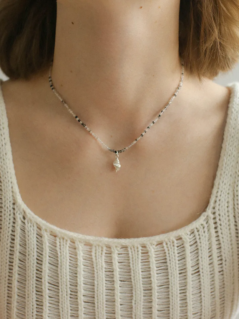 Silver Conch Shell Gems Bead Necklace